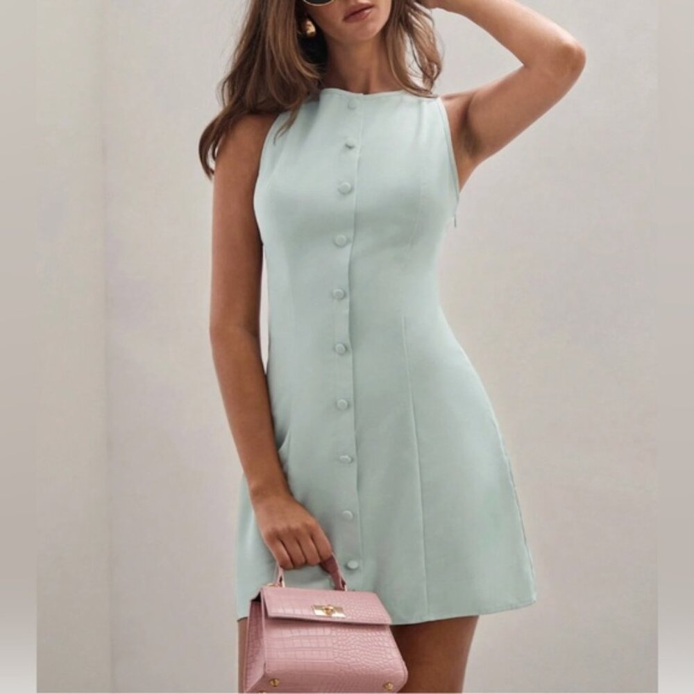 Round Neck Front Button Sleeveless Mini Dress Light Green